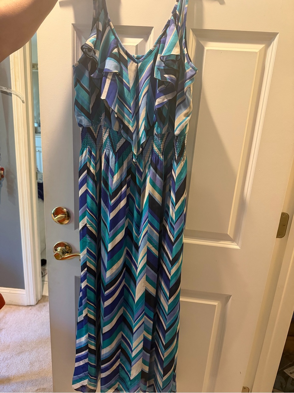 Blue Chevron Ruffle Maxi Dress with Smocked Waist